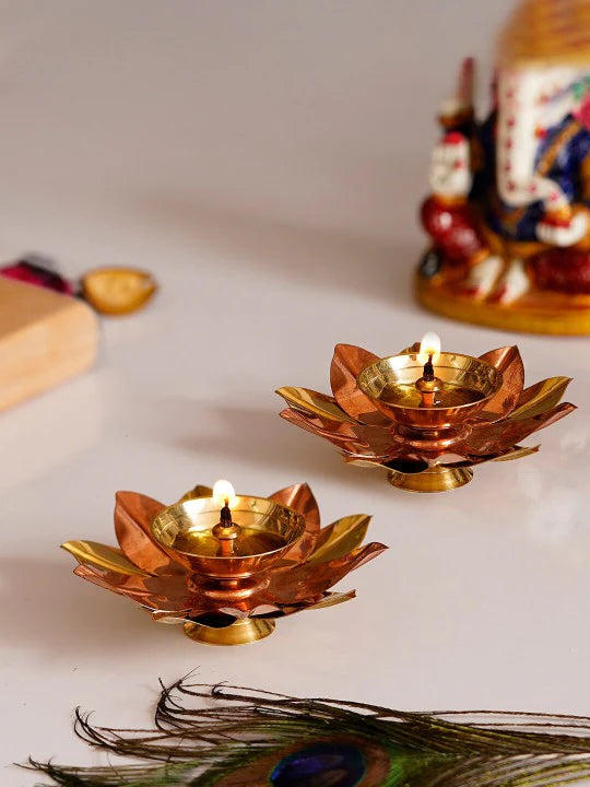 Set of Floral Brass Diyas - Antique Brown & Golden