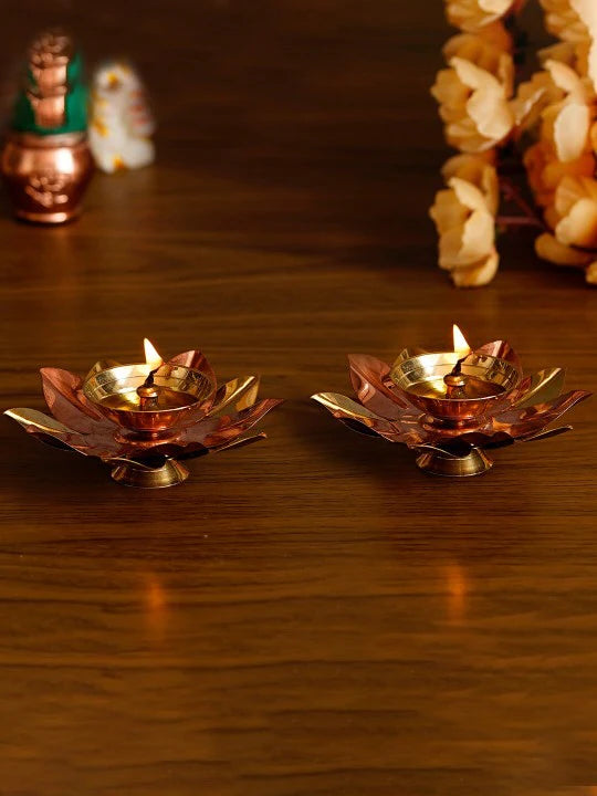 Set of Floral Brass Diyas - Antique Brown & Golden