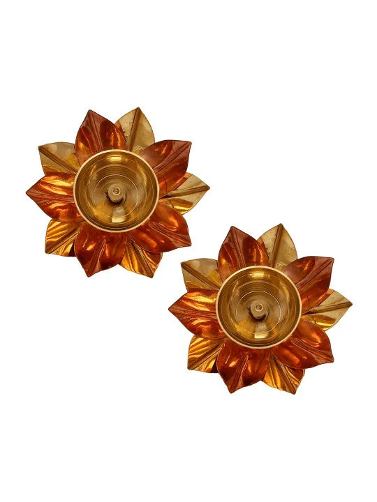Set of Floral Brass Diyas - Antique Brown & Golden