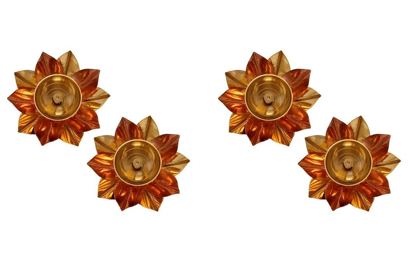 Set of Floral Brass Diyas - Antique Brown & Golden