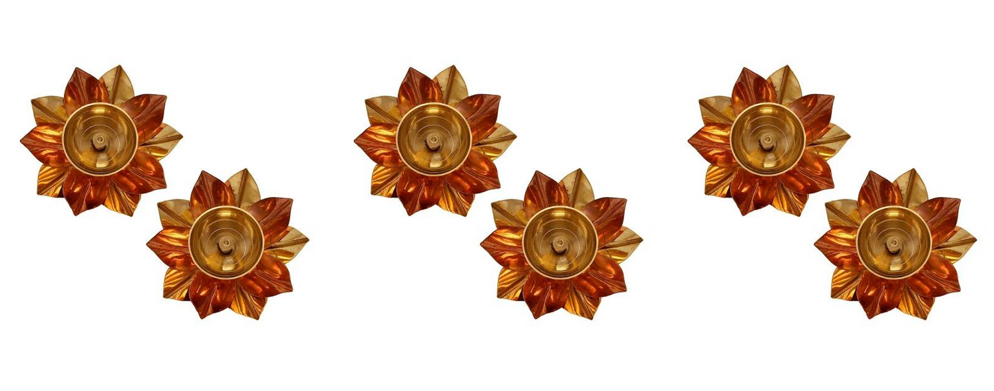 Set of Floral Brass Diyas - Antique Brown & Golden
